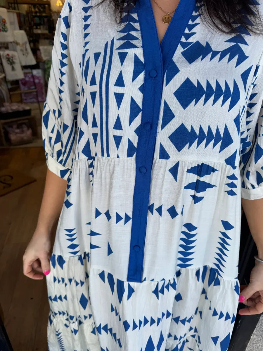 Lorelei™ - Geometric Button-Down V-Neck Dress