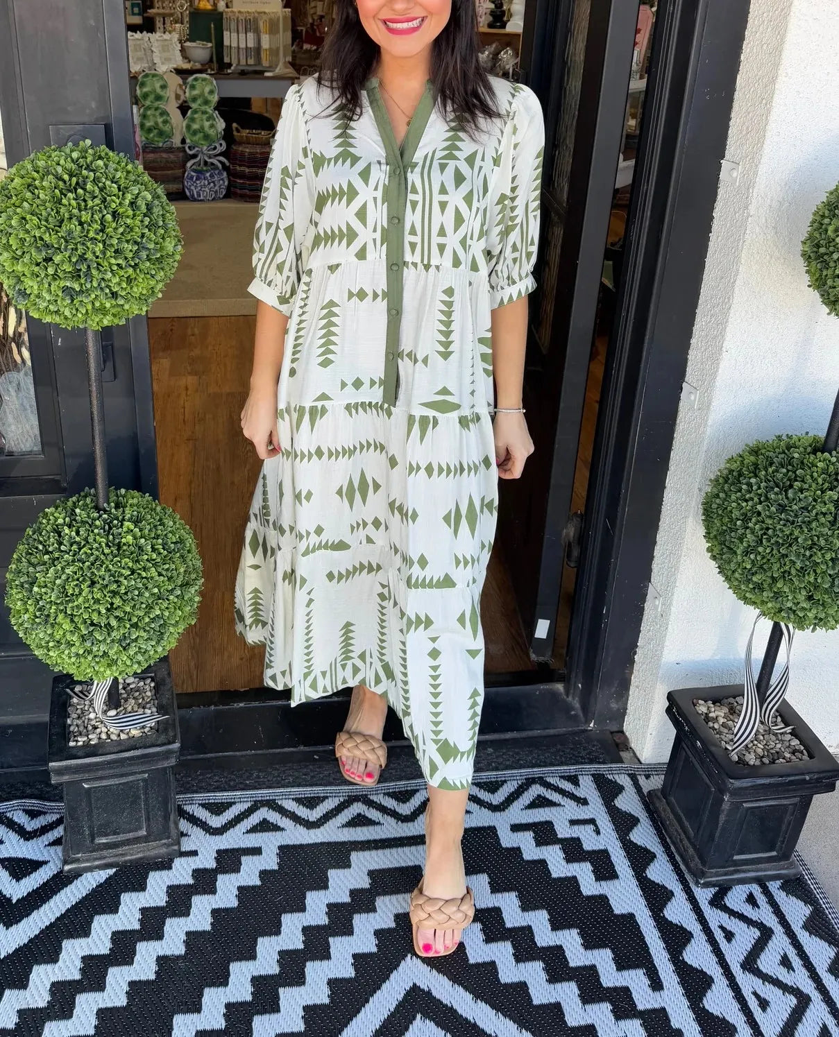 Lorelei™ - Geometric Button-Down V-Neck Dress