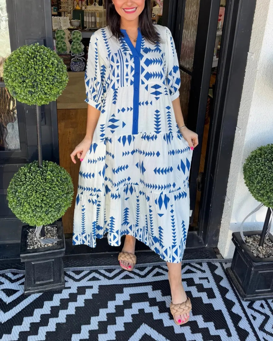 Lorelei™ - Geometric Button-Down V-Neck Dress