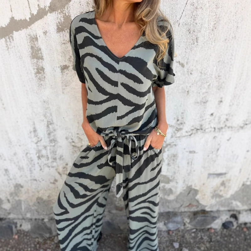Gilberta - Zebra Print V-Neck Top and Pants Two-Piece Set